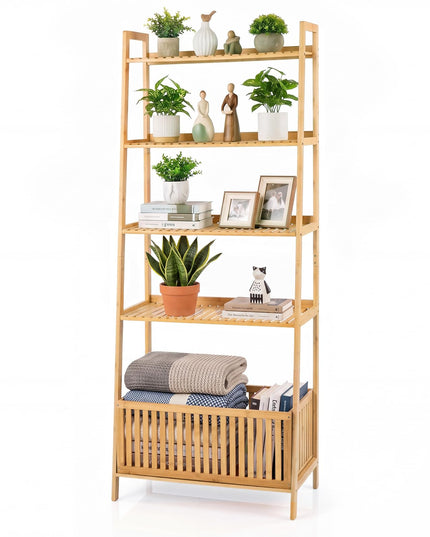 GIANTEX 5-Tier Bamboo Plant Stand Ladder Shelf with Storage Basket