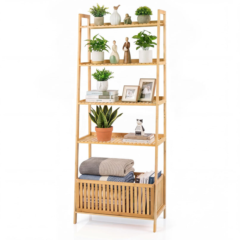 GIANTEX 5-Tier Bamboo Plant Stand Ladder Shelf with Storage Basket