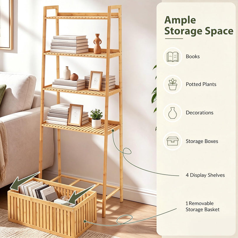 GIANTEX 5-Tier Bamboo Plant Stand Ladder Shelf with Storage Basket