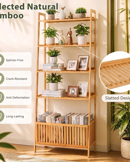 GIANTEX 5-Tier Bamboo Plant Stand Ladder Shelf with Storage Basket