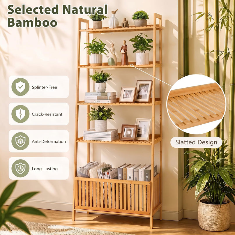 GIANTEX 5-Tier Bamboo Plant Stand Ladder Shelf with Storage Basket