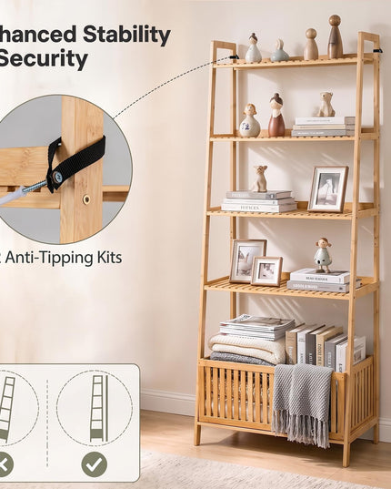 GIANTEX 5-Tier Bamboo Plant Stand Ladder Shelf with Storage Basket