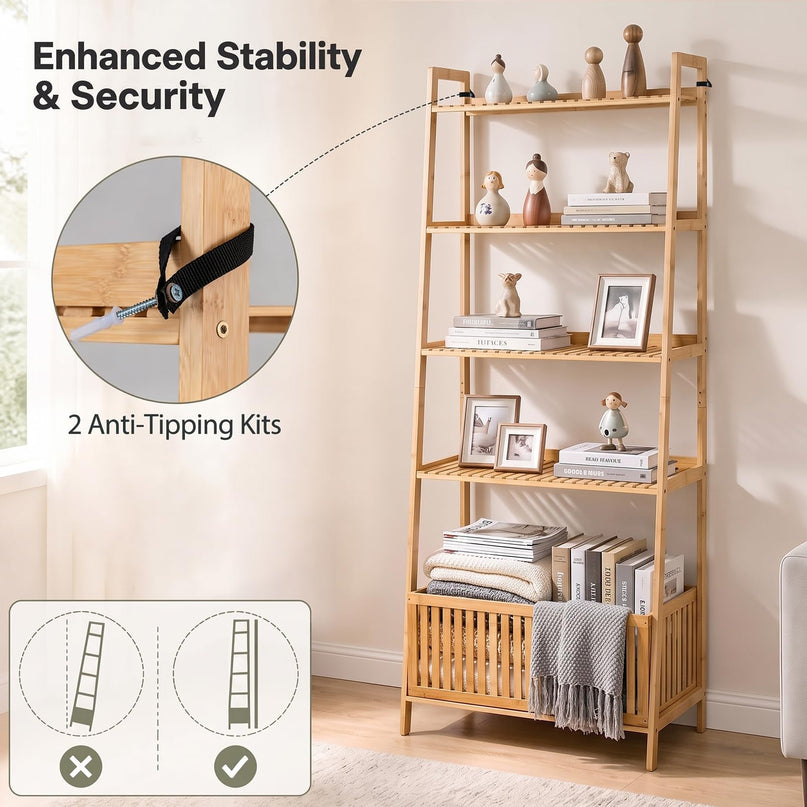 GIANTEX 5-Tier Bamboo Plant Stand Ladder Shelf with Storage Basket