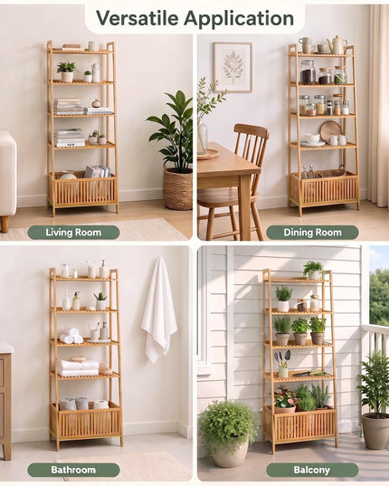 GIANTEX 5-Tier Bamboo Plant Stand Ladder Shelf with Storage Basket