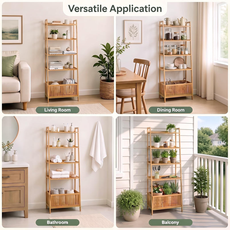 GIANTEX 5-Tier Bamboo Plant Stand Ladder Shelf with Storage Basket