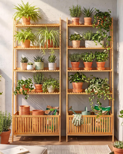 GIANTEX 5-Tier Bamboo Plant Stand Ladder Shelf with Storage Basket