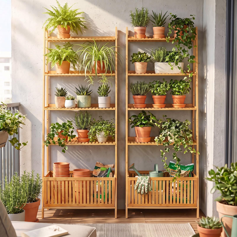 GIANTEX 5-Tier Bamboo Plant Stand Ladder Shelf with Storage Basket