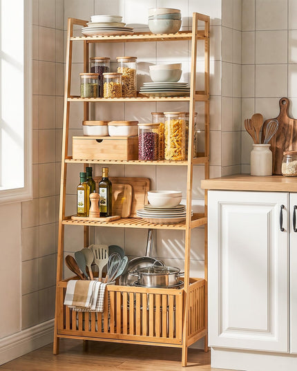 GIANTEX 5-Tier Bamboo Plant Stand Ladder Shelf with Storage Basket