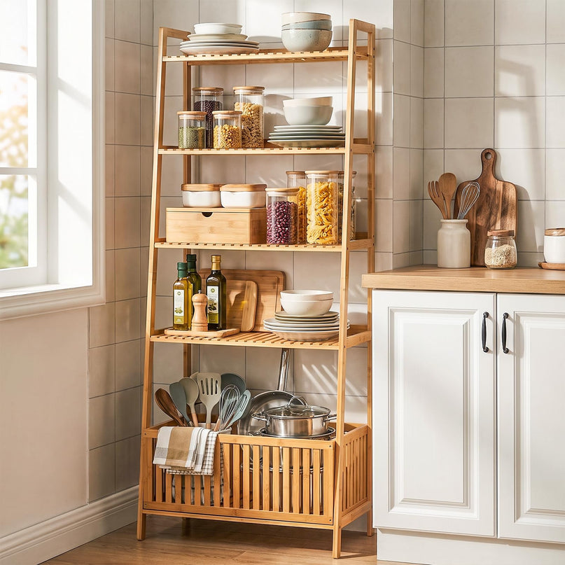 GIANTEX 5-Tier Bamboo Plant Stand Ladder Shelf with Storage Basket
