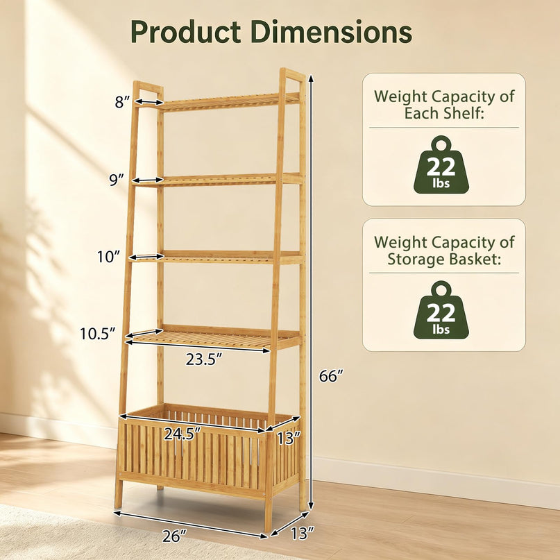 GIANTEX 5-Tier Bamboo Plant Stand Ladder Shelf with Storage Basket