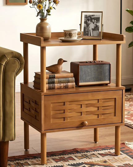 Giantex Boho Bamboo Rattan Nightstand w/Flip-Up Door & Rasied Edge Set 1/2