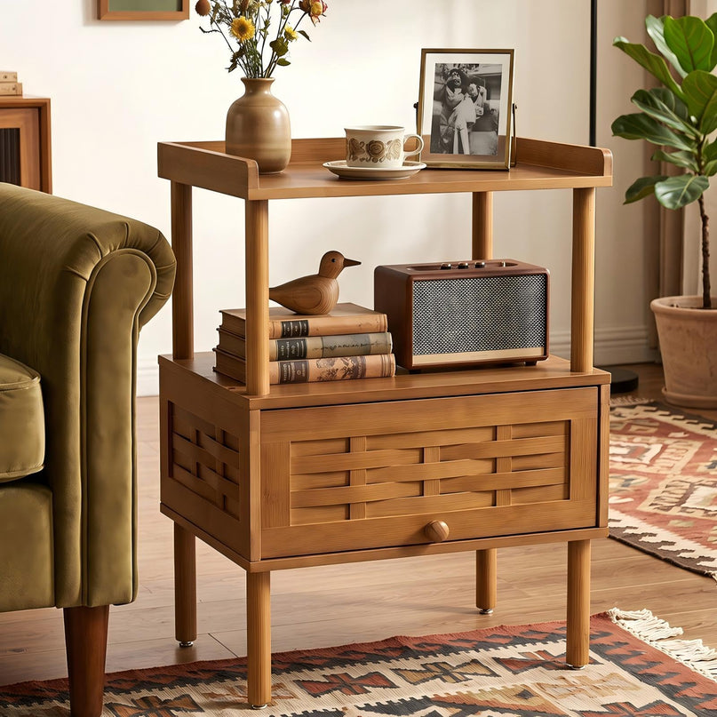 Giantex Boho Bamboo Rattan Nightstand w/Flip-Up Door & Rasied Edge Set 1/2