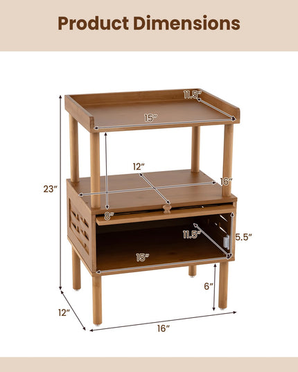 Giantex Boho Bamboo Rattan Nightstand w/Flip-Up Door & Rasied Edge Set 1/2