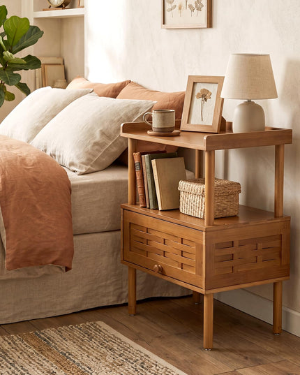 Giantex Boho Bamboo Rattan Nightstand w/Flip-Up Door & Rasied Edge Set 1/2
