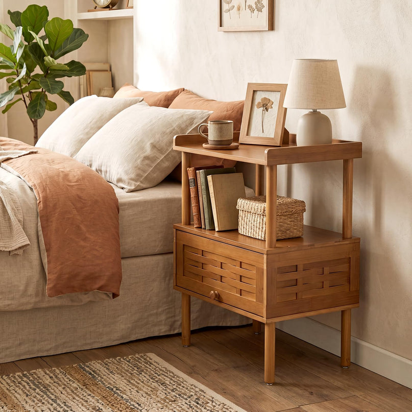 Giantex Boho Bamboo Rattan Nightstand w/Flip-Up Door & Rasied Edge Set 1/2