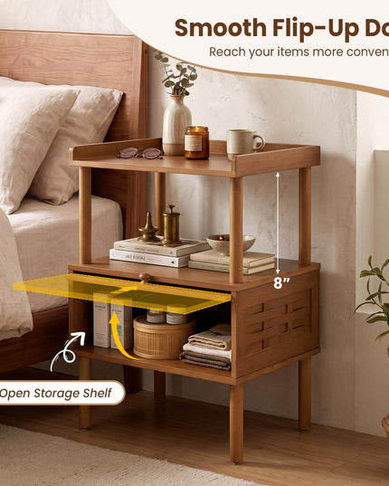 Giantex Boho Bamboo Rattan Nightstand w/Flip-Up Door & Rasied Edge Set 1/2