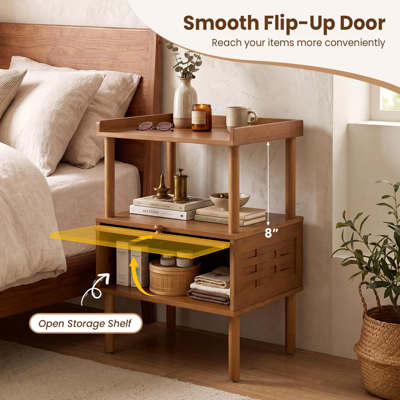 Giantex Boho Bamboo Rattan Nightstand w/Flip-Up Door & Rasied Edge Set 1/2