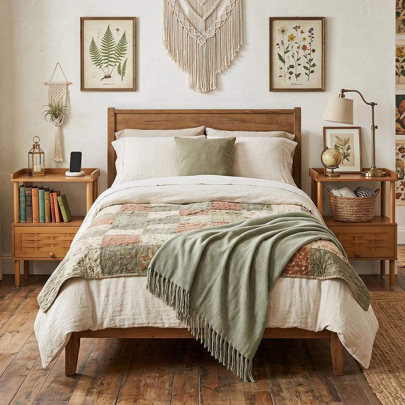 Giantex Boho Bamboo Rattan Nightstand w/Flip-Up Door & Rasied Edge Set 1/2