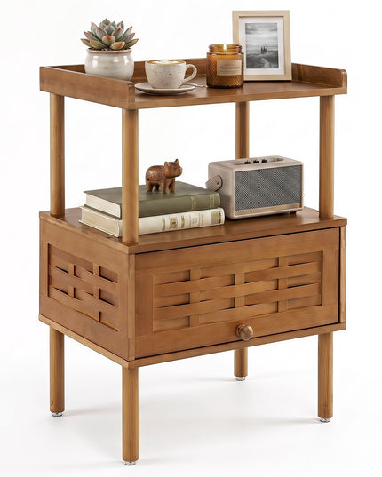 Giantex Boho Bamboo Rattan Nightstand w/Flip-Up Door & Rasied Edge Set 1/2