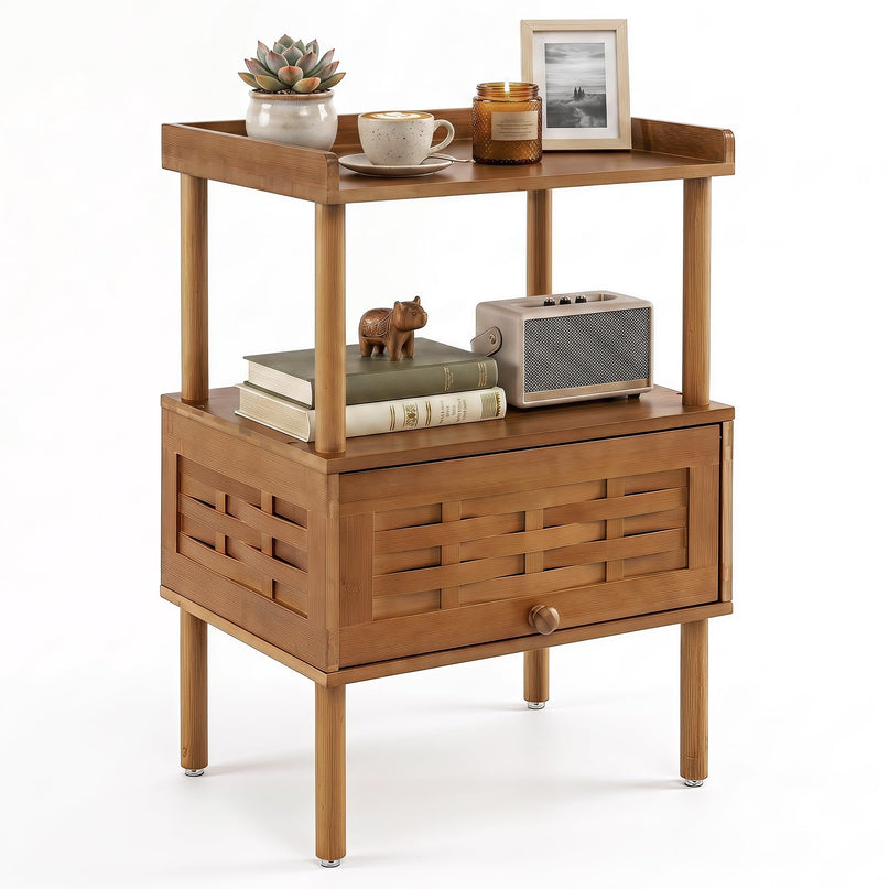 Giantex Boho Bamboo Rattan Nightstand w/Flip-Up Door & Rasied Edge Set 1/2