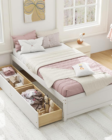 Giantex Twin Bed Frame with 2 Storage Drawers, Solid Wood Platform Bed with Slats Support