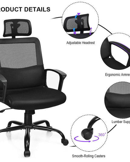 Mesh Office Chair, Swivel Computer Task Chair, Adjustable Armrests (Black)
