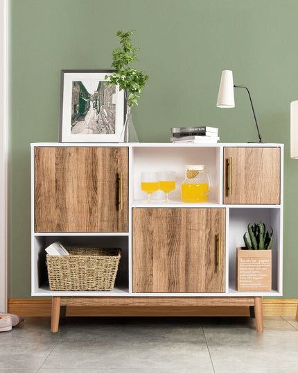 Sideboard Storage Cabinet W/Storage Compartments, Doors and Wood Legs