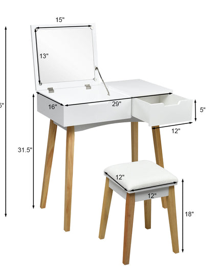 CHARMAID Vanity Table with Flip Top Mirror and Cushioned Stool, White - Giantexus