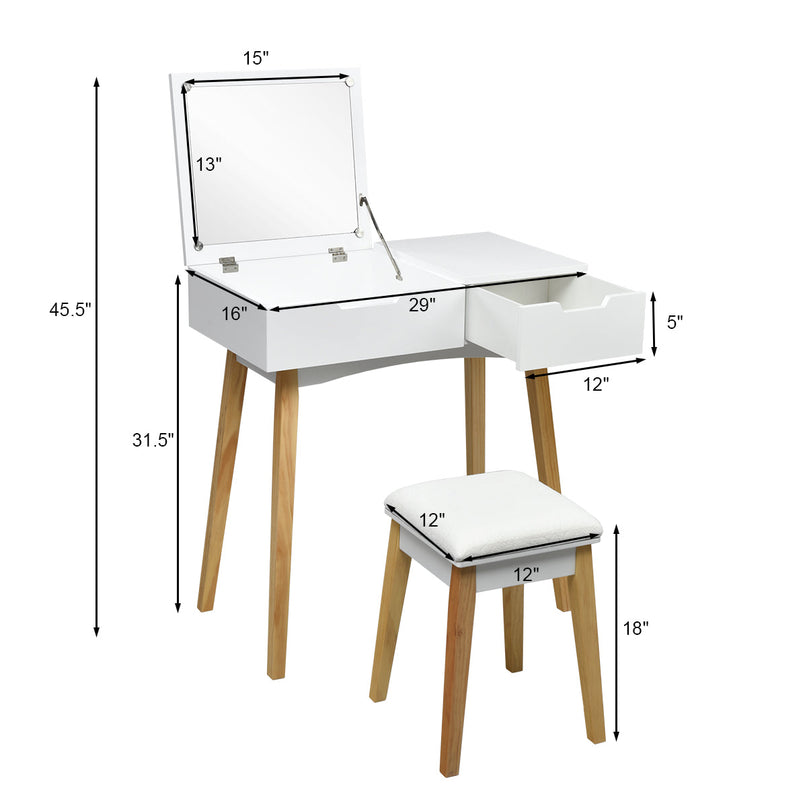 CHARMAID Vanity Table with Flip Top Mirror and Cushioned Stool, White - Giantexus