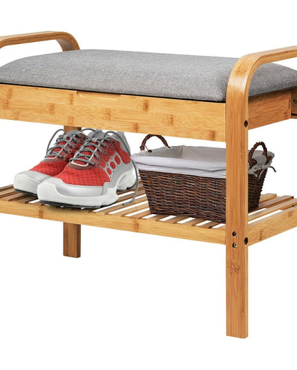 Giantex Shoe Rack Bench with Storage, Bamboo Storage Bench with Cushioned Seat, Holds Up to 330 LBS