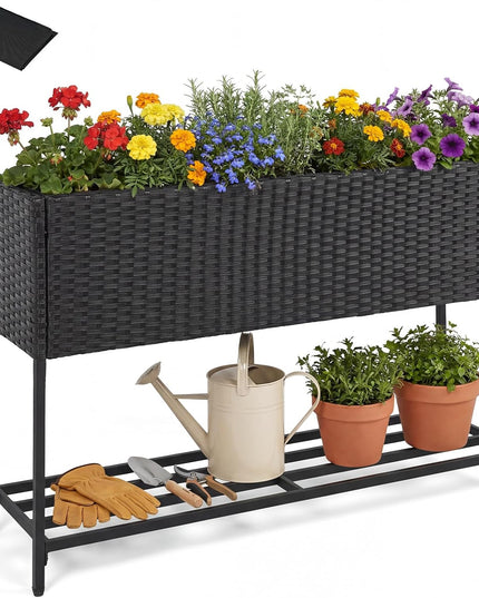 Jardinière surélevée Giantex avec pieds, Jardinière haute en rotin avec étagère de rangement
