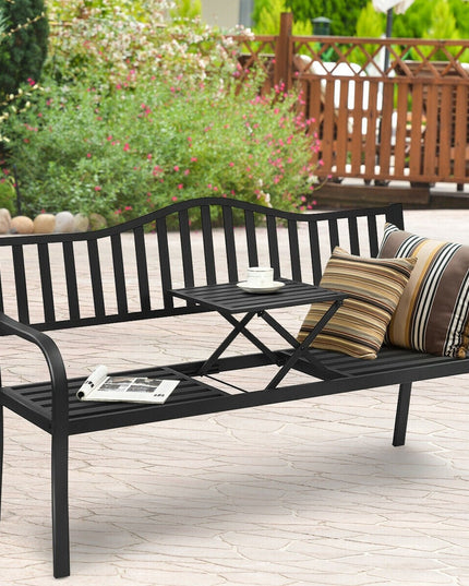 Giantex Patio Bench w/ Pullout Middle Table, Outdoor Benches2-3 Person, Metal Benches for Outside (Black)
