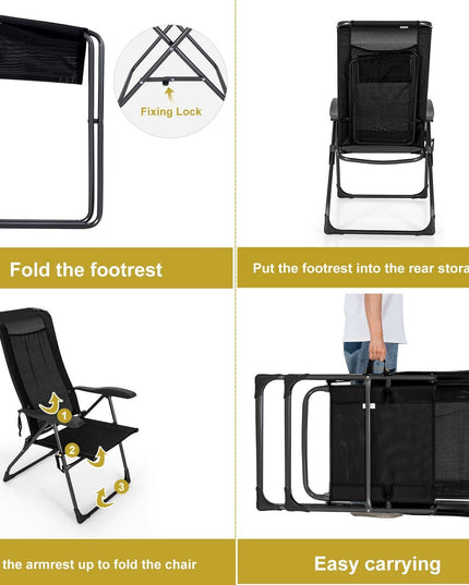 Giantex 2 Pcs Folding Patio Chairs, 2 PCS Footrest, Portable Sling Chairs (Black)