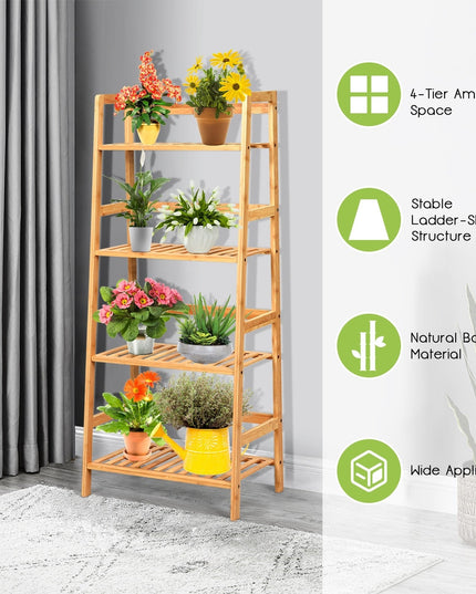 4-Tier Ladder Shelf Plant Stand, Bamboo Flower Pots Holder Display Rack - Giantexus