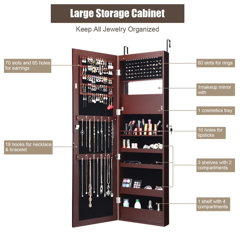 15 LEDs Wall Door Mounted Jewelry Armoire with Mirror - Giantex