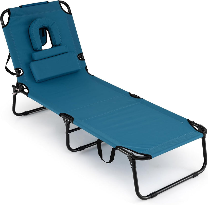 Giantex Folding Beach Tanning Chair - Adjustable Patio Lounge Chair w/Face Hole