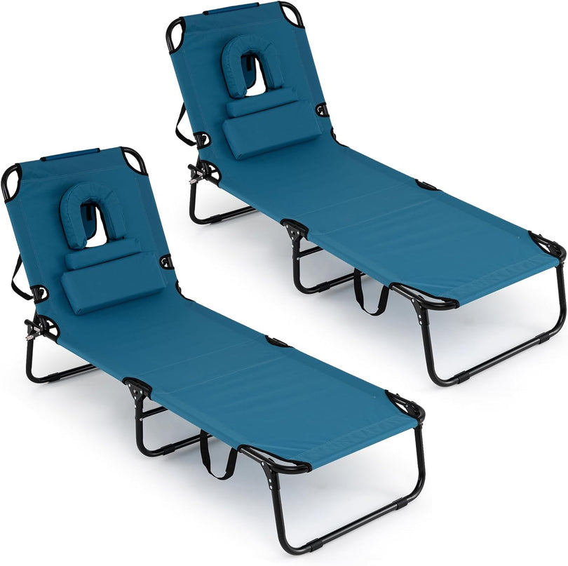 Giantex Folding Beach Tanning Chair - Adjustable Patio Lounge Chair w/Face Hole