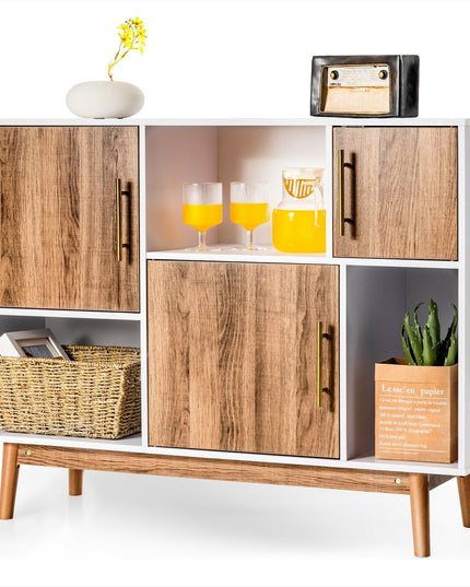 Sideboard Storage Cabinet W/Storage Compartments, Doors and Wood Legs