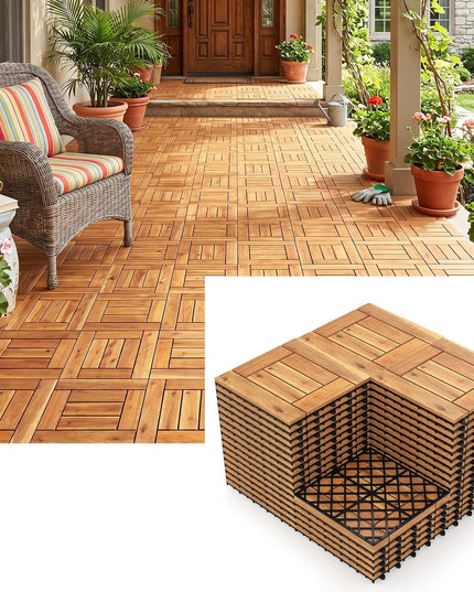 Giantex 12" x 12" Acacia Wood Interlocking Patio Flooring Tiles with Drainage Base