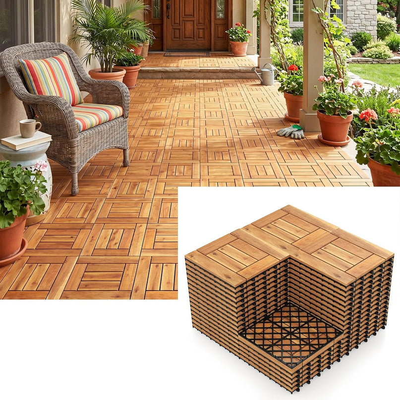 Giantex 12" x 12" Acacia Wood Interlocking Patio Flooring Tiles with Drainage Base