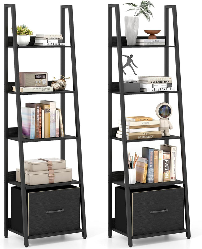 Giantex Modern Freestanding 5-Tier Ladder Bookshelf with Removable Fabric Drawer