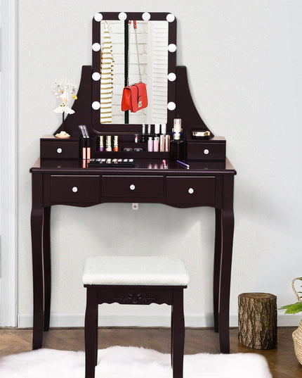 Vanity Set with Lighted Mirror, 10 Dimmable Light Bulbs Vanity Dressing Table, 5 Drawer with 2 Dividers Removable Organizer - Giantexus