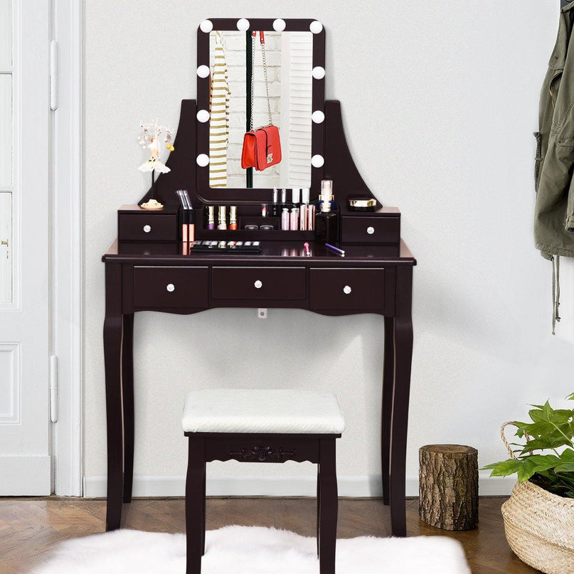 Vanity Set with Lighted Mirror, 10 Dimmable Light Bulbs Vanity Dressing Table, 5 Drawer with 2 Dividers Removable Organizer - Giantexus