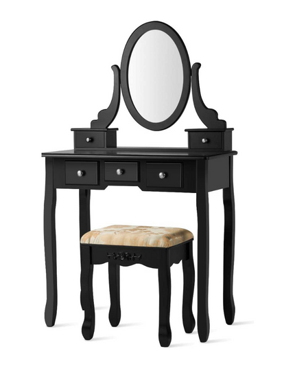 CHARMAID Vanity Table Set with Rotatable Oval Mirror (Black) - Giantexus