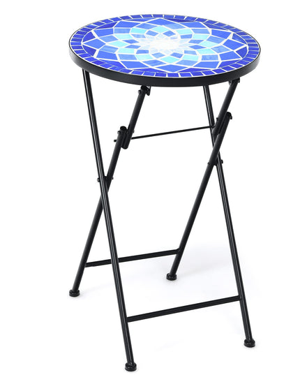 Giantex Folding Mosaic Patio Table, 14'' Outdoor Side Table Round Accent Table Plant Stand with Ceramic Tile Top