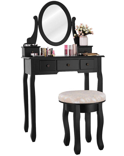 Giantex  Round 360 Degree Rotation Swivel Mirror Dressing Table Stool Wooden Vanity Set (Black with 5 Drawer)