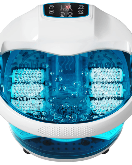 Giantex Foot Spa Bath Massager with Heat Bubbles, 6 Motorized Massage Rollers, Fast Heating, Red Light, Adjustable Temperature & Time (Blue/White) - Giantexus