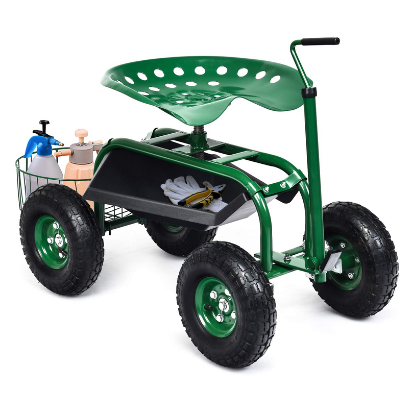 Giantex Garden Cart, 4-Wheel Gardening Workseat with Storage Basket