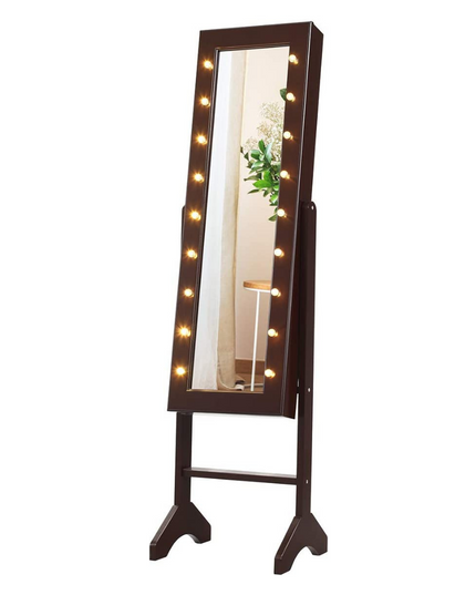 Standing Jewelry Armoire with 18 LED Lights Around the Door