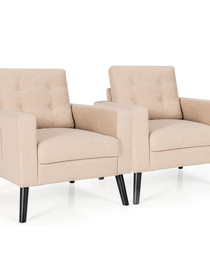 Linen Fabric Armchairs with Side Pockets and Wood Legs, Set of 2 - Giantex